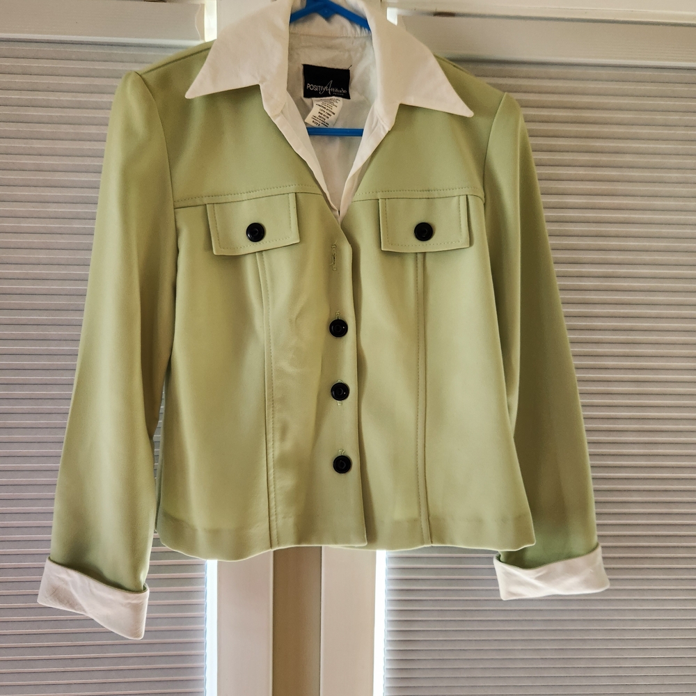 Women's Positive Attitude Light Green Button-up Blazer White Details Size 6P